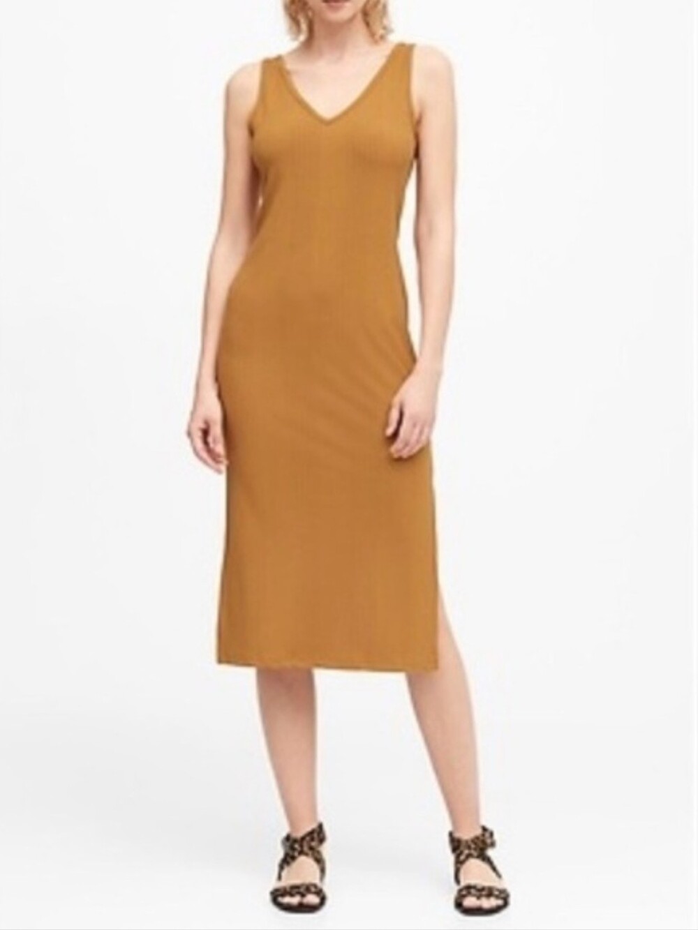 NEW Banana Republic Ribbed V-Neck Midi Dress in Mustard, Size Medium Tall